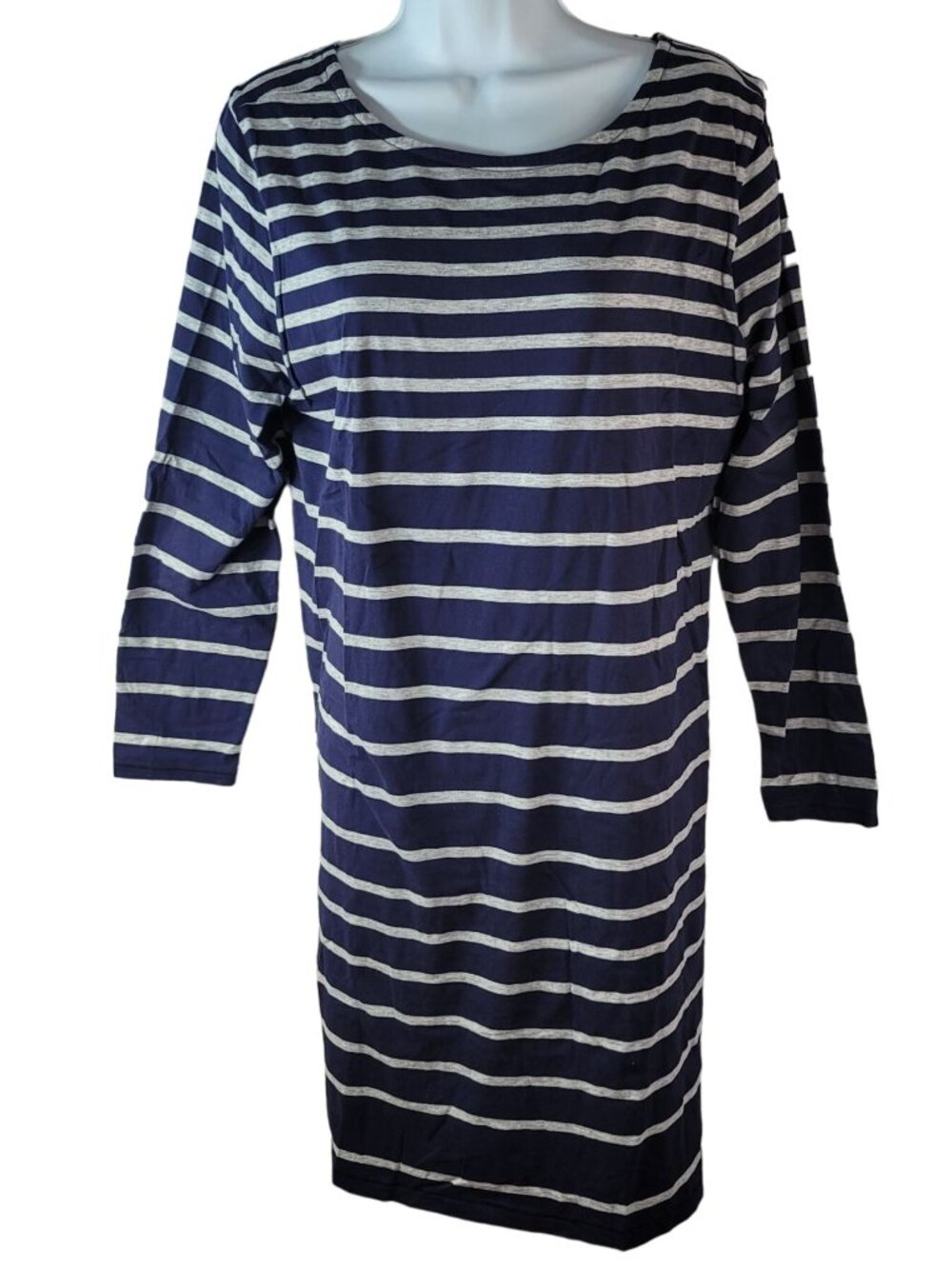 Soft Surroundings Jersey Dress Blue Gray Striped Size Petite Large Long Sleeve